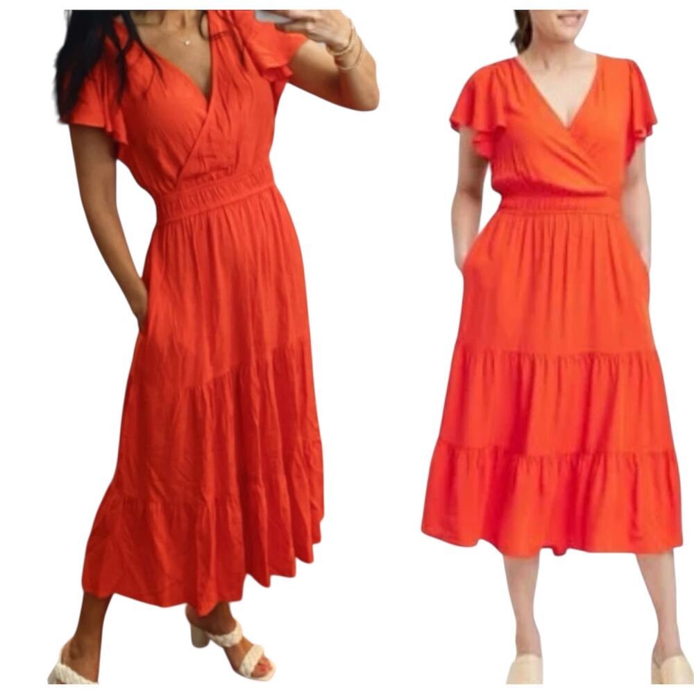 Knox Rose Red Maxi Dress XL Boho Wrap Style Flutter Sleeve Tiered